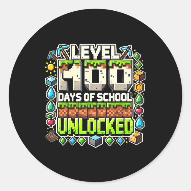 Level 100 Days Of School Level Unlocked Pixel Art  Classic Round Sticker (Front)