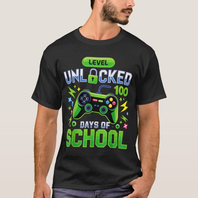 Level 100 Days Of School Unlocked Funny Video Game T-Shirt (Front)