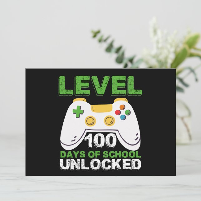 Level 100 Days Of School Unlocked Gamer Video Game Invitation (Standing Front)