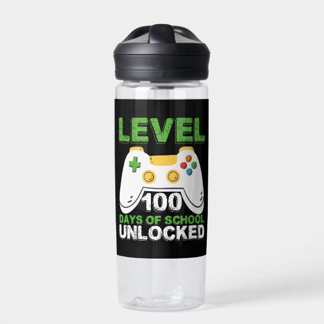 Level 100 Days Of School Unlocked Gamer Video Game Water Bottle (Front)