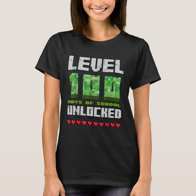 Level 100 Days Of School Unlocked Gaming Pixel 100 T-Shirt (Front)
