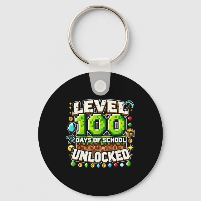 Level 100 Days Of School Unlocked Gaming Pixel Art Key Ring (Front)