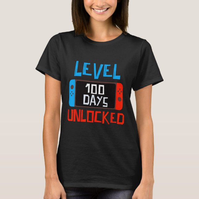 Level 100 Days School Unlocked Gamer Boys Funny 10 T-Shirt (Front)