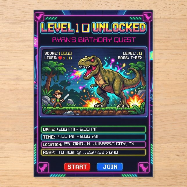Level 10 Arcade Game T Rex Birthday  Acrylic Invitations (Front)