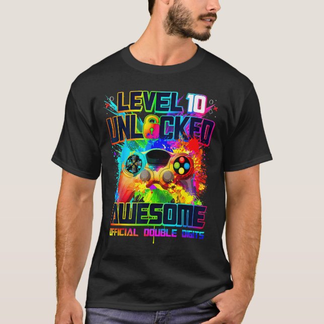 Level 10 Unlocked Awesome Gaming Birthday Boy 10th T-Shirt (Front)