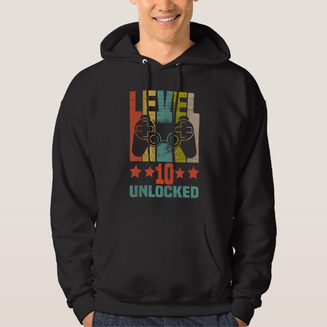 Level 10 Unlocked Funny Video Gamer 10th Birthday Hoodie (Front)