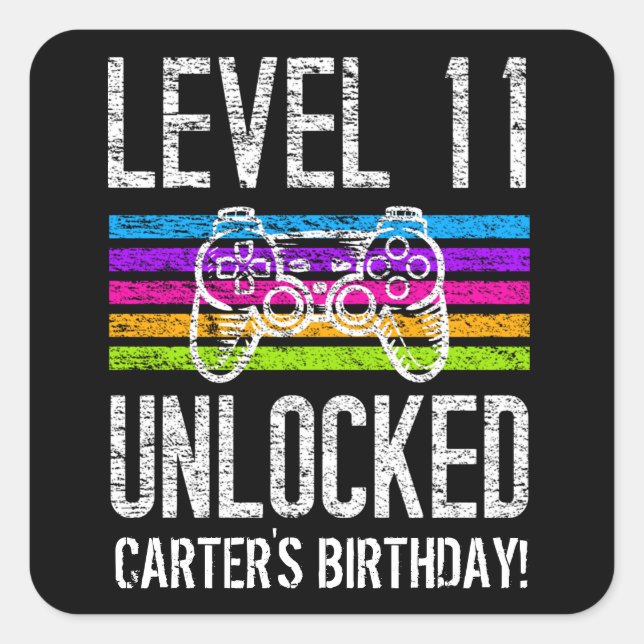 Level 11 Unlocked 11th Birthday Personalised Gamer Square Sticker (Front)