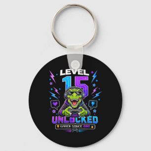 Level 15 Unlocked Dinosaur Gamer 15th Birthday Boy Key Ring