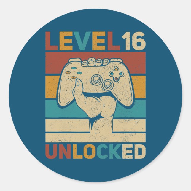 Level 16 Year Old Unlocked 16th Birthday Gamer Classic Round Sticker (Front)