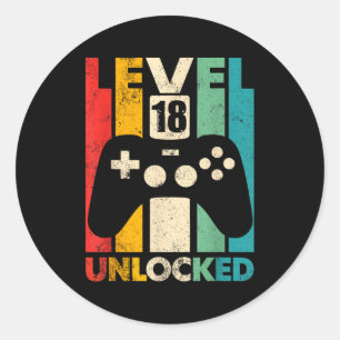 Level 18 unlocked 18th birthday video game retro classic round sticker
