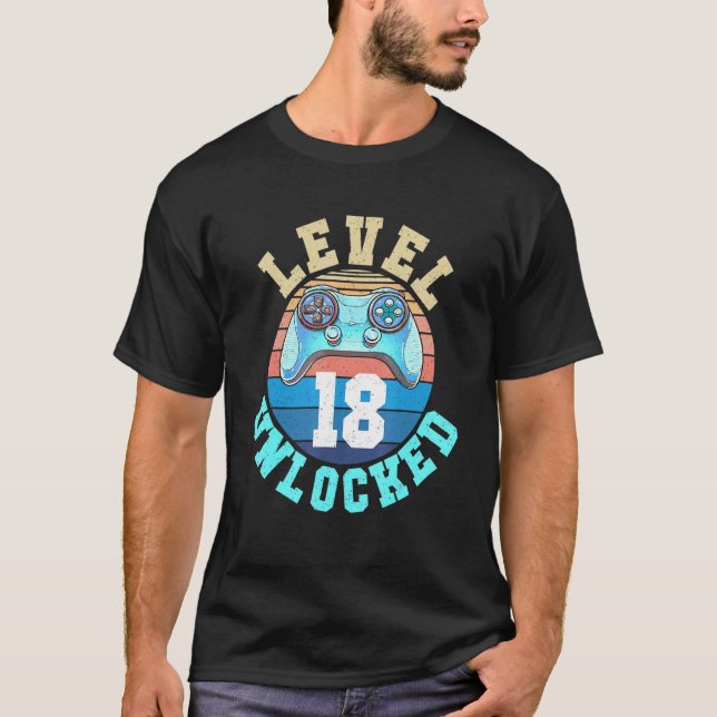 Level 18 Unlocked 18th Video Gamer Birthday Boy Me T-Shirt (Front)