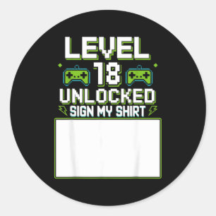 Level 18 unlocked sign my 18th birthday gamer boy classic round sticker