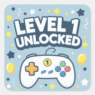 Level 1 Unlocked – First Birthday Gaming Square Sticker