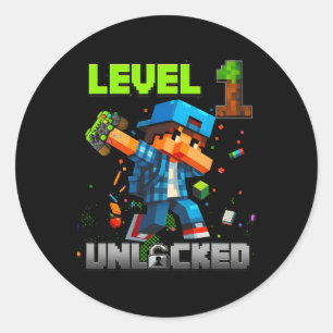 Level 1 Unlocked Funy Birthday Boy Pixel Gamer 1st Classic Round Sticker
