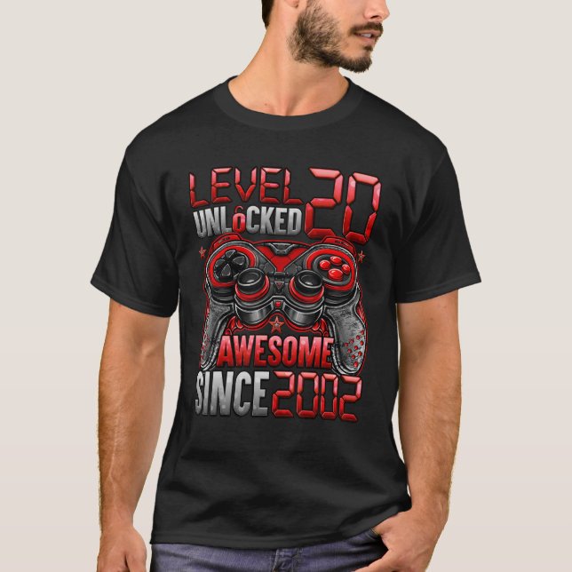 Level 20 Unlocked Awesome Since 2002 20th Birthday T-Shirt (Front)