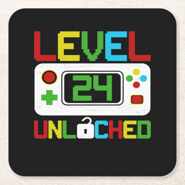 Level 24 Unlocked Video Game 10th Birthday Gift Square Paper Coaster (Front)