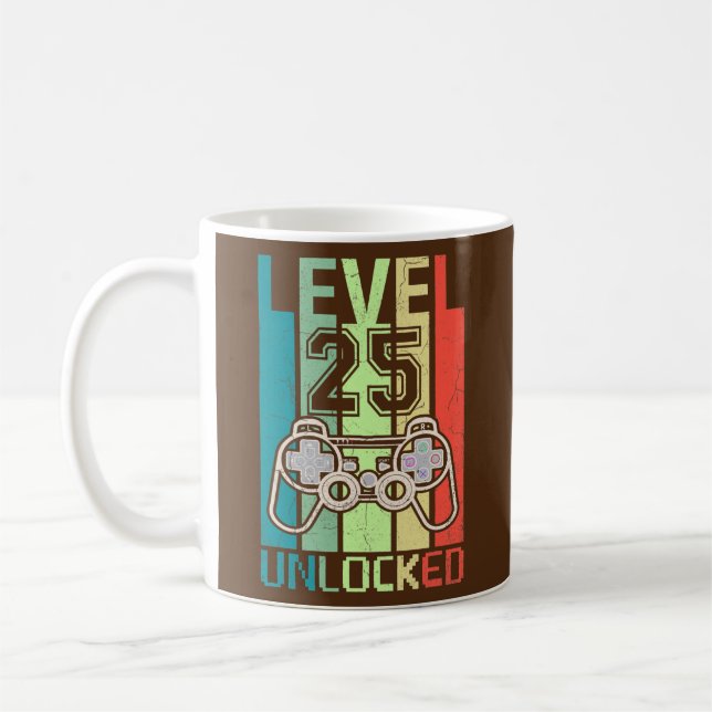 Level 25 Unlocked Video Gamer 25th Birthday Gifts Coffee Mug (Left)