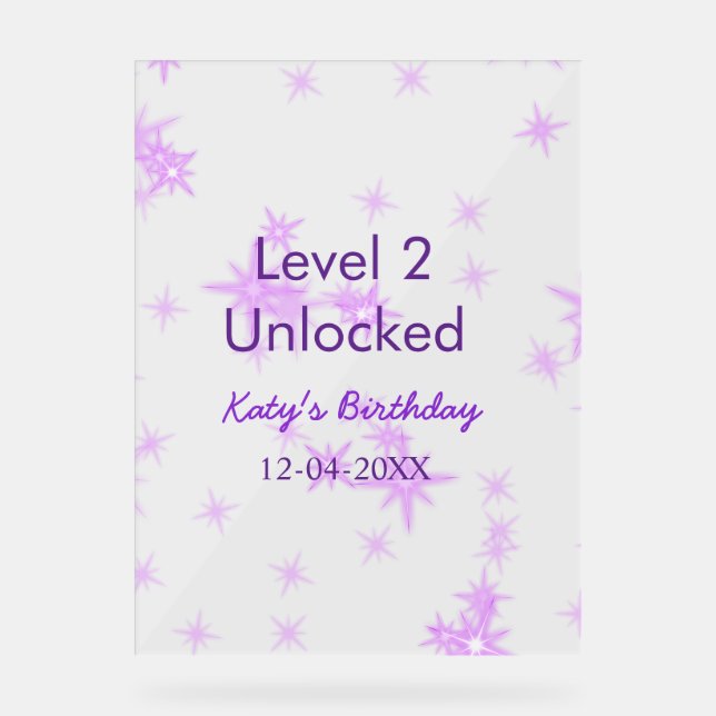 Level 2 unlocked add birthday name date purple spa acrylic sign (Front)