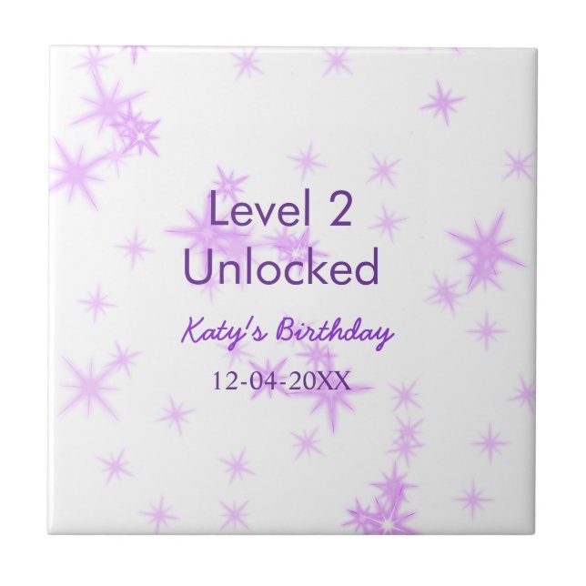 Level 2 unlocked add birthday name date purple spa ceramic tile (Front)