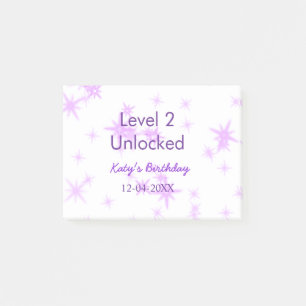 Level 2 unlocked add birthday name date purple spa post-it notes