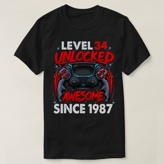 Level 34 Unlocked Awesome Since 1987 34th Birthday T-Shirt (Design Front)