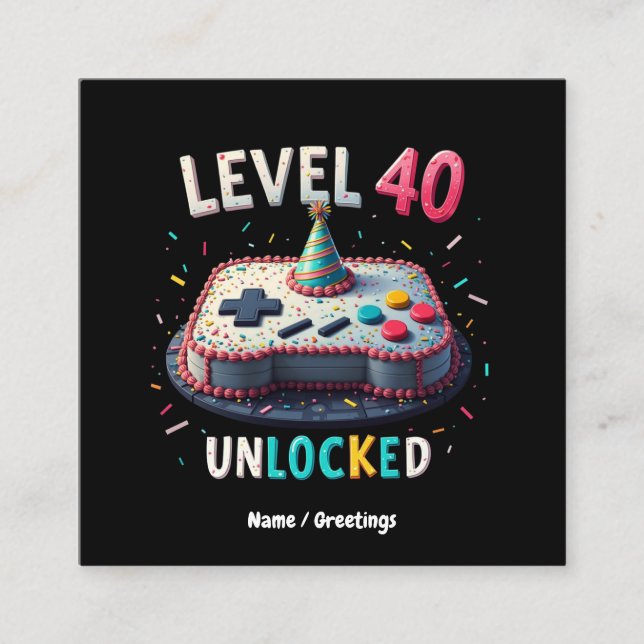 Level 40 Unlocked Gaming Style 40th Birthday Square Business Card (Front)