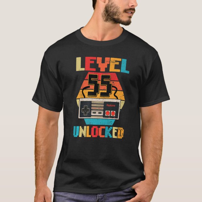 Level 55 Unlocked  Video Gamer 55th Birthday T-Shirt (Front)