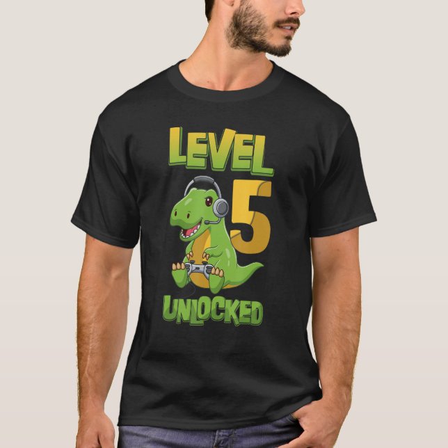 Level 5 Unlocked Birthday Dinosaur 5 Years Old Vid T-Shirt (Front)