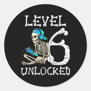 Level 6 Unlocked Skeleton Gamer Video Gaming 6th B Classic Round Sticker