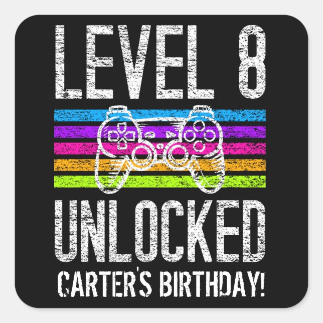 Level 8 Unlocked 8th Birthday Personalised Gamer Square Sticker (Front)