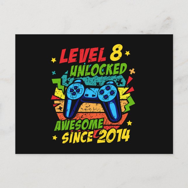 Level 8 Unlocked Awesome 2014 Game 8th Birthday Postcard (Front)