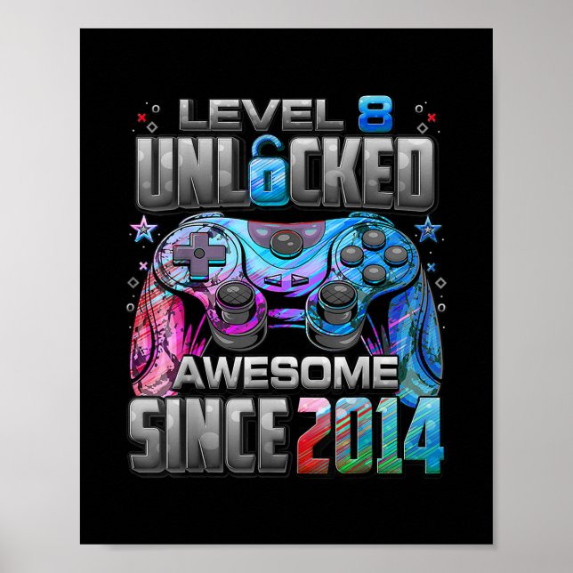 Level 8 Unlocked Awesome Since 2014 Video Game Poster (Front)