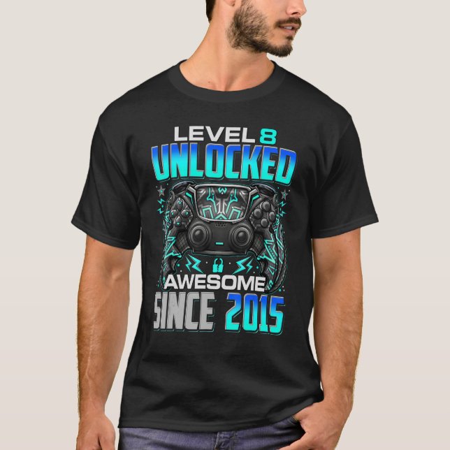 Level 8 Unlocked Awesome Since 2015 8th Birthday G T-Shirt (Front)