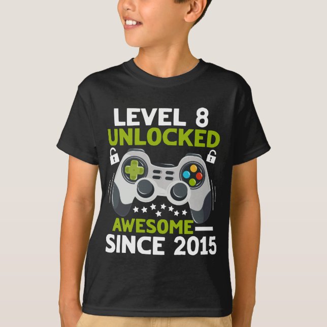Level 8 Unlocked Cute 2015 Video Game 8th Birthday T-Shirt (Front)