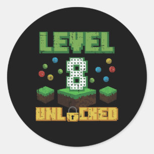 Level 8 Unlocked Pixel Gamer 8th Birthday Gaming B Classic Round Sticker