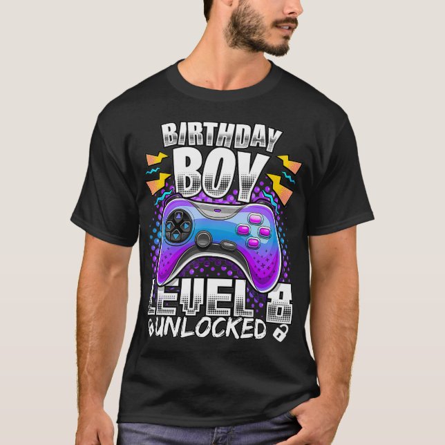 Level 8 Unlocked Video Game 8th Birthday Gamer Boy T-Shirt (Front)
