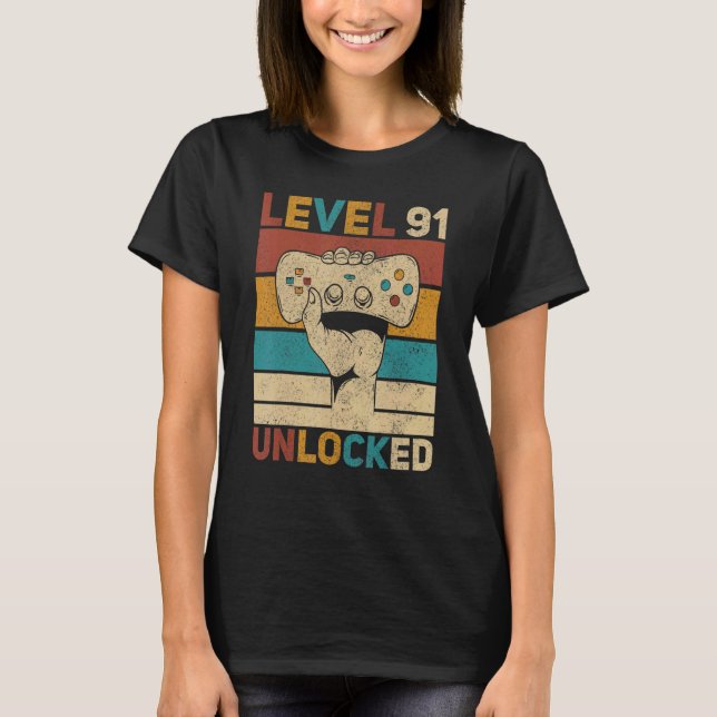 Level 91 Unlocked 91st Birthday 91 Years Old Gamer T-Shirt (Front)