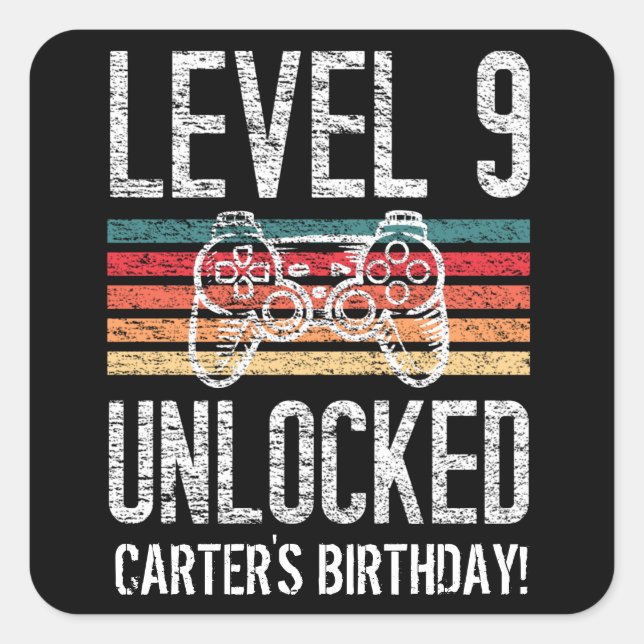 Level 9 Unlocked 9th Birthday Personalised Square Sticker (Front)