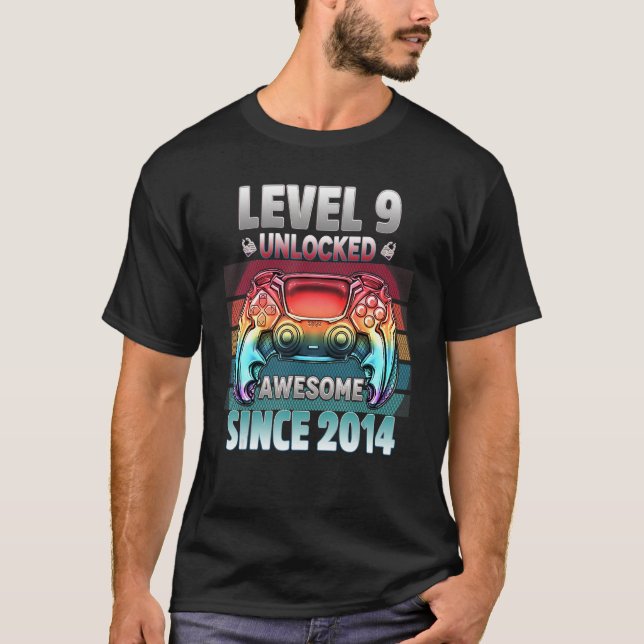 Level 9 Unlocked Awesome Since 2014 9 Year Gamer B T-Shirt (Front)