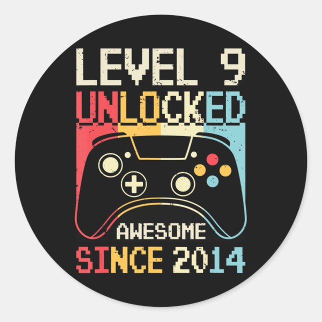 Level 9 Unlocked Video Game 9th Birthday Gamer Boy Classic Round Sticker (Front)