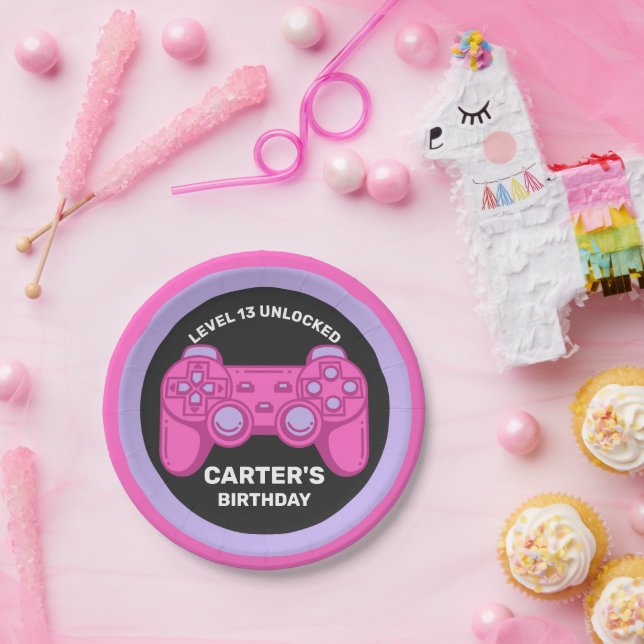 Level Unlocked Birthday Gamer Personalised Paper P Paper Plate (Party)
