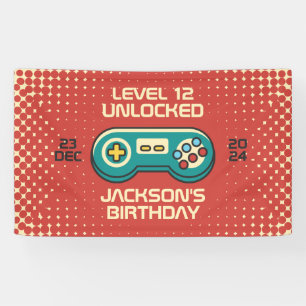 Level Unlocked Retro Gamer Boy Teen Birthday Party Banner