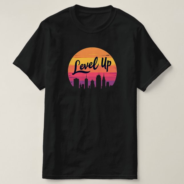 LEVEL UP CITY SKYLINE RETRO SUNSET T-Shirt (Design Front)