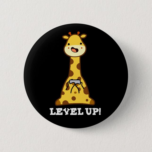 Level Up Funny Giraffe Gaming Pun Dark BG 6 Cm Round Badge (Front)