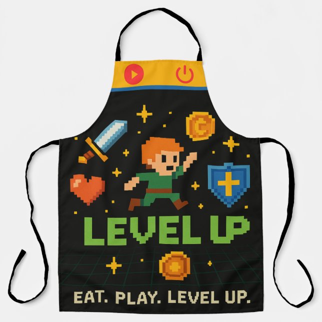Level Up Gamer Apron – Retro Pixel All-Over Print (Front)