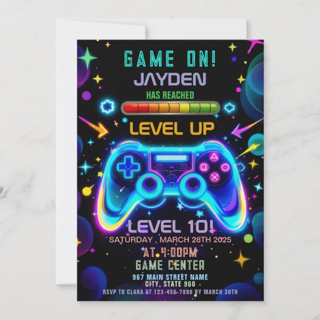 Level Up Gamer Birthday Invitation – Neon Game (Front)