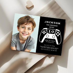 Level Up Gamer Boys Black Birthday Party Photo Invitation