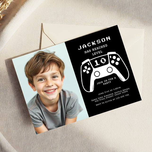Level Up Gamer Boys Black Birthday Party Photo Invitation (Creator Uploaded)
