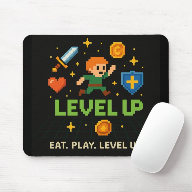 Level Up Gamer Mousepad – Retro Pixel Art Design (With Mouse)