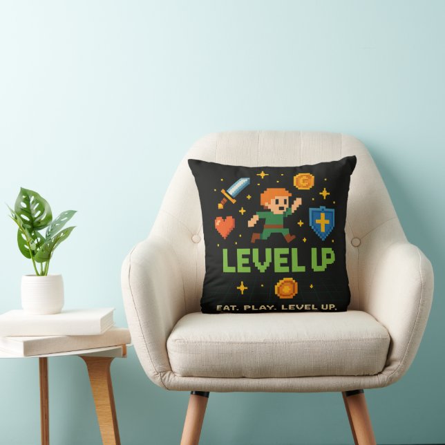 Level Up Gamer Pillow – Retro Pixel Gaming Decor (Chair)
